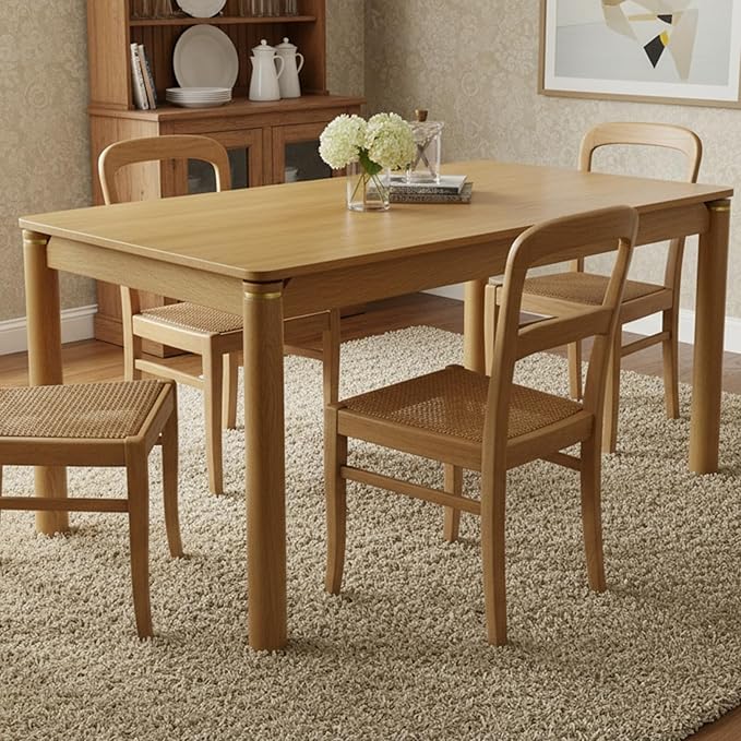 63" Dining Table for 4-6 People, Modern Farmhouse Rectangular Kitchen Table with Solid Wood Legs & Gold Trim, Large Long Dining Room Table for Living Room, Natural (Table Only)