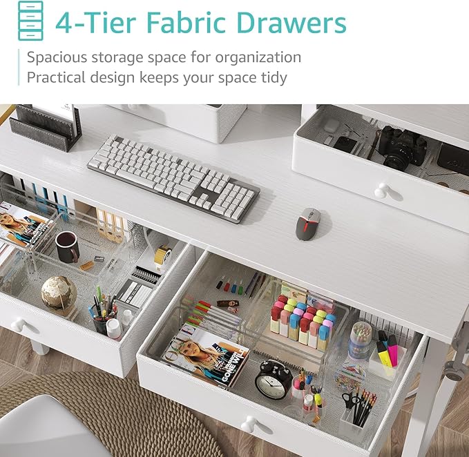 Lufeiya Small White Kids Desk with Fabric Drawers for Bedroom, 32 inch Vanity Makeup Desk with Drawers Storage for Home Office, Writing Study Table with Power Outlet & Monitor Stand, White