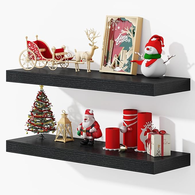 Dreamland 32 Inches Floating Shelves for Wall, 9.3" Deep Long Floating Shelves Set of 2, Large Display & Storage Shelf, Wall Shelf for Bathroom Bedroom Living Room Kitchen Office, Black