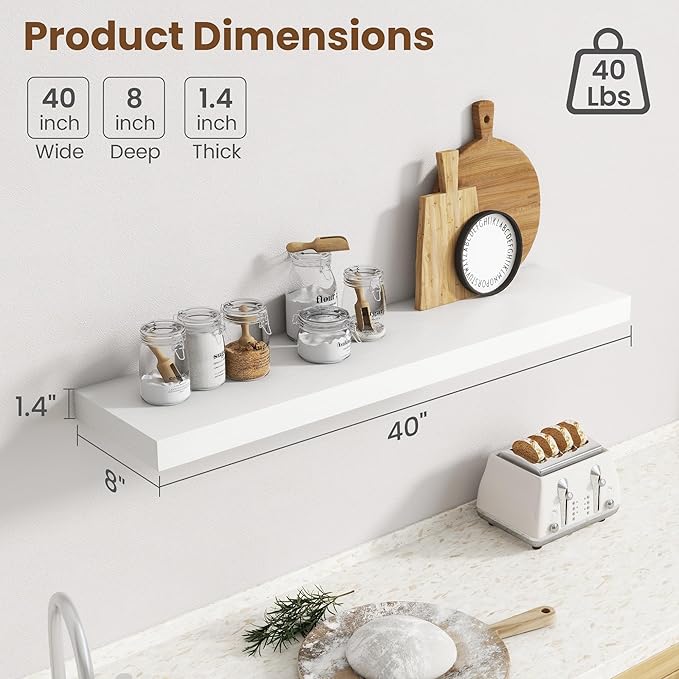 40 Inch Floating Shelves for Wall, 8 Inch Deep Floating Shelf for Storage & Display, Rustic Wall Mounted Shelf with Invisible Brackets for Living Room, Kitchen, Bathroom, Home Decor, Set of 2, White