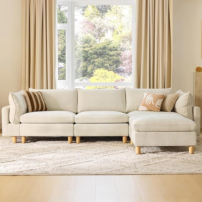 CHITA 127" Super Large Sectional Couches for Living Room, Modular Cloud Couch Sectional Sofa, Premium Fabric Couches, Down Filled, High Density Foam, Chenille in Cream, 4 Seat L Shaped