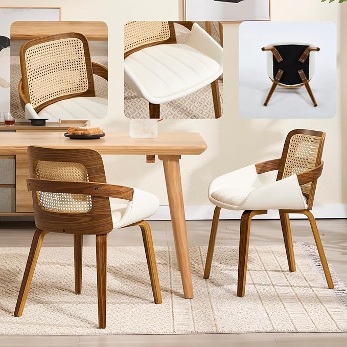 DUOMAY Modern PU Leather Dining Chairs Set of 2, Cane Back Room Chairs with Solid Wood Legs Kitchen Chairs for Living Room, Restaurant, White