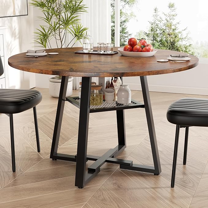 Round Dining Table for 4-6 People,47 Inch Dining Room Table,Modern Circle Kitchen Table with Storage Shelf and Metal Legs for Dining Room,Kitchen,Vintage(Table Only)