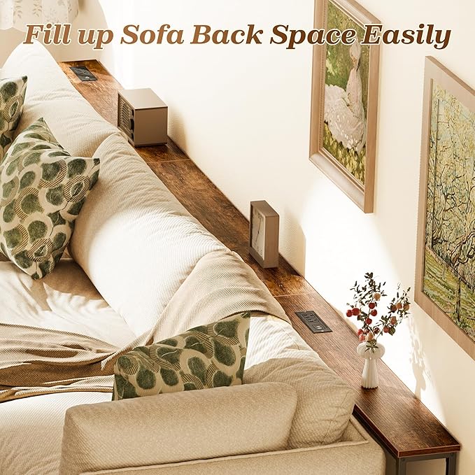 SUPERJARE 110.2 Inch Sofa Table with 2 Power Outlets and USB-C Port, 5.9 Inch Narrow Console Table with Storage, Extra-Long, for Entryway Hallway Couch Behind Sofa, Small Spaces, Rustic Brown