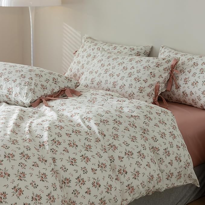 LifeTB Pink Floral Duvet Cover Queen 100% Cotton Flower Duvet Cover Girls Cottagecore Bedding Set Vintage Garden Style Aesthetic Bedding Floral Comforter Cover Botanical Bedding Cover Queen Size