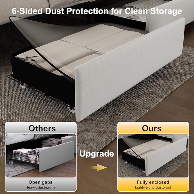 Full Led Bed Frame with 4 Storage Drawers, Bed Frame with Led Lights No Box Spring Needed, 900 lbs Capacity, Easy Assembly, PU White