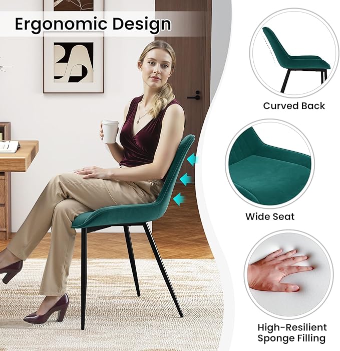 Giantex Dining Chairs Set of 4, Soft Velvet Upholstered Kitchen Dining Room Chairs w/Handle, Metal Legs, Curved Back, Modern Armless Accent Side Chair for Living Room, Restaurant (Velvet Green)