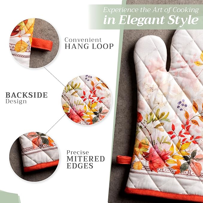 Maison d' Hermine 100% Cotton Oven Mitt & Pot Holder Set (7.5"x13" & 8"x8") Heat Resistant BBQ Cooking Gloves with Loop for Thanksgiving Christmas Decorations Handling Hot Pans (Amarante)