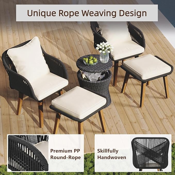5-Piece Patio Conversation Sofa Set, Rope-Woven Furniture Set with Rattan Cool Coffee Table, Outdoor Furniture Setwith 2 Footstools for Garden, Backyard, Balcony, Black & Beige