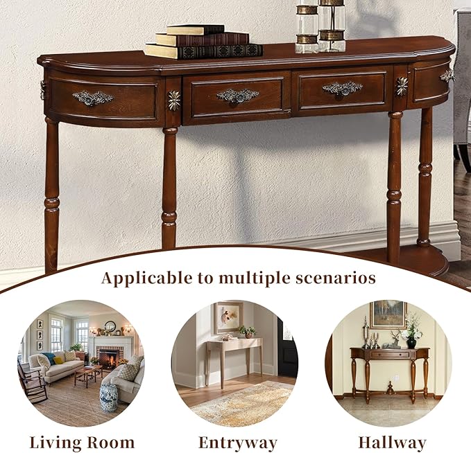 HMFULE Retro Curved Console Table, 52" Half Moon Console Table Sofa Table Entryway Table with 2 Drawers 1 Open Shelf Solid Pine Legs for Living Room,Entryway,Hallway,Cherry