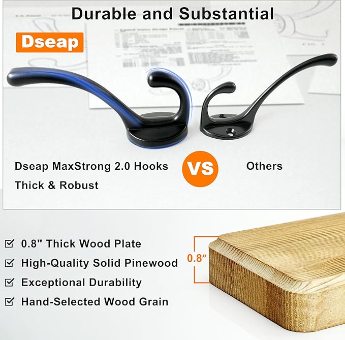 Dseap Coat Rack Wall: 24" Long, Patented, Heavy-Duty, 6-Double-Hooks Wooden Wall Mounted Coat Rack Coat Hanger Hook Rail for Winter Coats Hat Jacket Clothing, Black