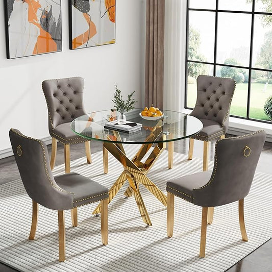Goujxcy Small Round Dining Table Set for 4, Modern Glass Kitchen Table Chairs Set of 4, 5-Piece Dining Table Set w/36 Circle Gold Glass Dining Room Table and 4 Grey Upholstered Dining Chairs