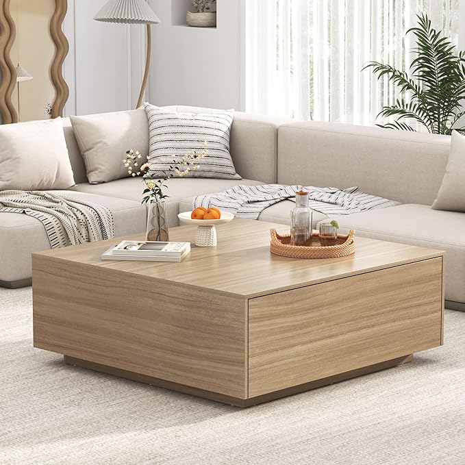 43” Square Coffee Table with Storage, 43" D x 43" W x 17" H Modern Large Square Center Table with 2 Drawers, Wood Coffee Table for Living Room, Light Brown,Bedroom,Light Brown