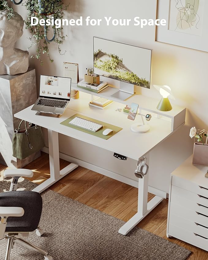 Electric Height Adjustable Standing Desk with Power Outlet and LED Light Strip, Sit to Stand, Ergonomic 48x24" Rising Desk with Memory Presets, Home Office Workstation, Computer Gaming Table, White