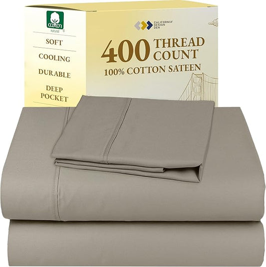 California Design Den Twin XL Sheet Sets - 100% Cotton Sheets, 400 Thread Count Sateen, Deep Pockets, Cooling and Durable Bedding for Dorm Rooms & Adults - Taupe