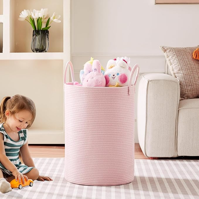 80L Extra Large Pink Hamper Laundry Basket for Baby Girls Tall Nursery Hamper for Kids Woven Rope Clothes Basket for Little Girls Room Bedroom Light Pink Kawaii Tall Laundry Bin