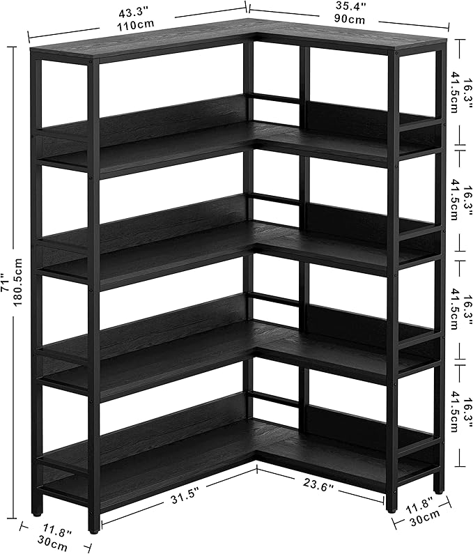 IRONCK Corner Bookshelf 5 Tiers, Industrial Corner Bookcase with Baffles Etagere, L Shaped Bookshelves with Metal Frame, Corner Shelf Storage Rack for Living Room Home Office