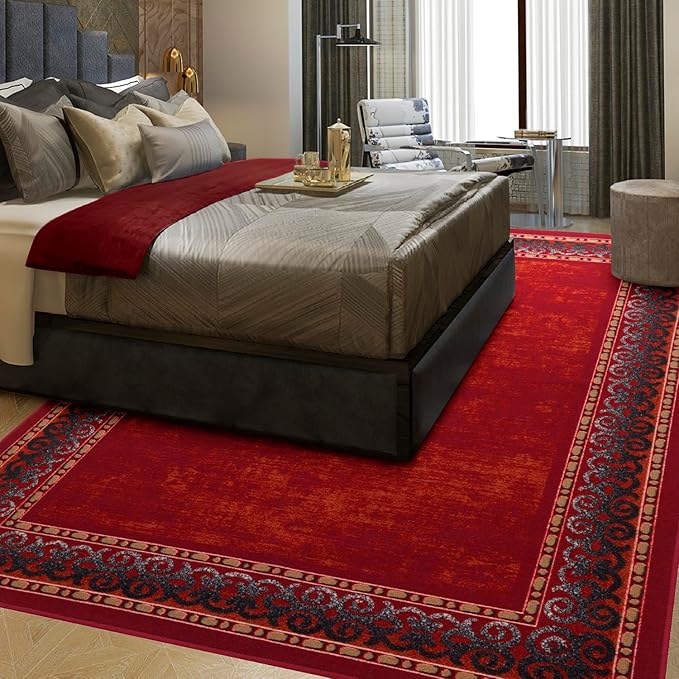 Antep Rugs Alfombras Bordered Modern 8x10 Non-Slip (Non-Skid) Low Pile Rubber Backing Indoor Area Rug (Maroon Red, 7'10" x 10')