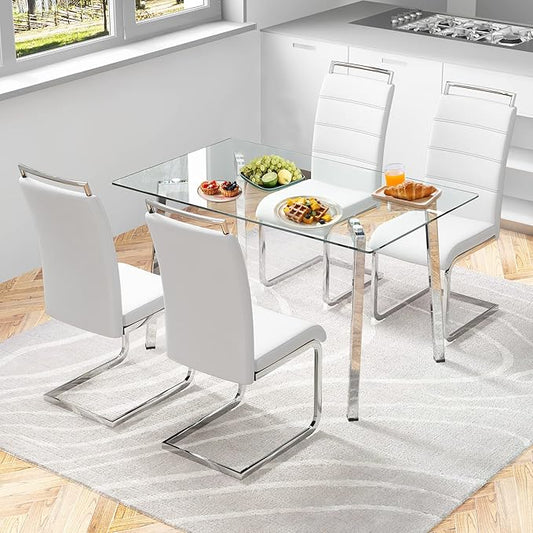 51“ Small Glass Dining Table Set for 4,0.31”Thick Tempered Glass Table Top with 4 Chrome Plate Metal Legs,4 PU Leather Dining Chairs,Modern Kitchen Dinner Room Table Set,for Kitchen Room