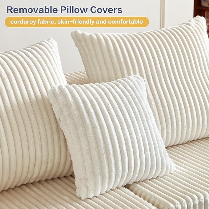 100.7 Inch Cloud Sectional Couch, Boneless Sofa for Living Room, Corduroy Modular Couch with L Shape Chaise, Modern Compressed Sofa in a Box, Memory Foam Filling (Beige)