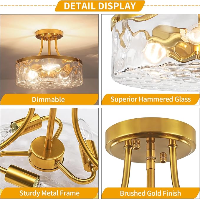 11.81" Modern Gold Semi Flush Mount Ceiling Light, Hammered Glass Hallway Light Fixtures, Entryway Light Fixture, 3-Light Lighting Fixtures for Kitchen Island Dining Room Bedroom Laundry, UL Listed