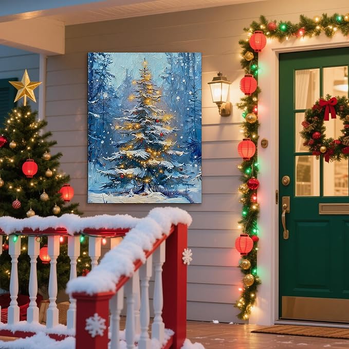 Framed Christmas Pictures Wall Decor,Vintage Pine Tree Prints,Winter Christmas Canvas Wall Art Decoration for Bedroom Bathroom Living Room Rustic Xmas Holiday Gifts (Christmas Tree 1, 20'' X 32'')