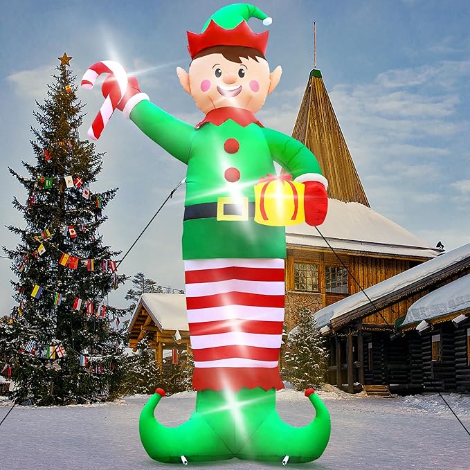 Christmas Inflatables, Giant 15 FT Christmas Elf Inflatable Outdoor Decoration, Blow Up Xmas Elf Holding Box, LED Lighted Holiday Yard Decorations for Lawn Garden Home Party Xmas Winter Decor
