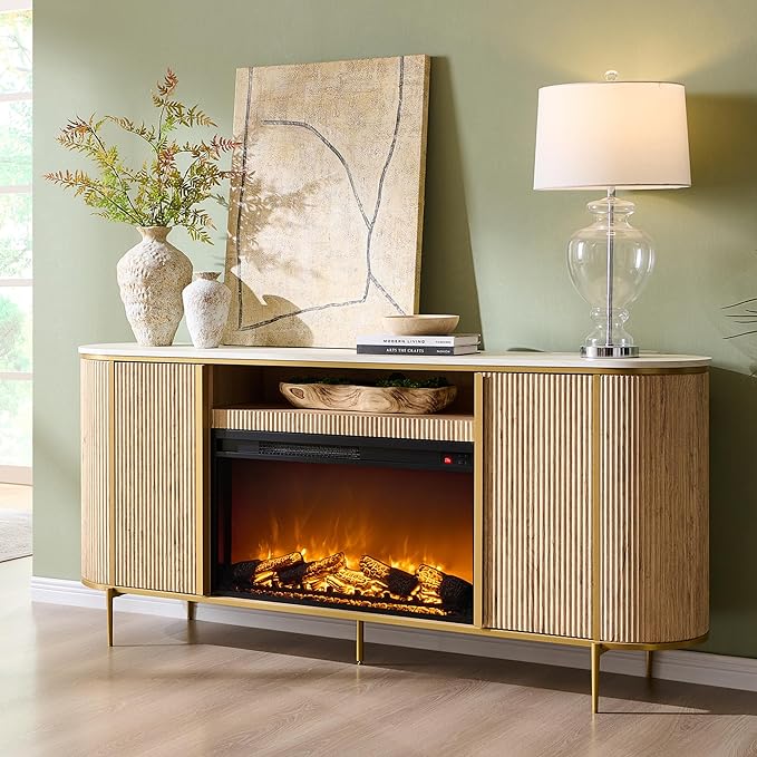 OKD Luxury 70" Fluted Fireplace TV Stand, Modern Chic Entertainment Center for TVs Up to 80 inches, TV Console with Faux Marble Top, Curved Profile Design, Media Console for Living Room, Natural Oak