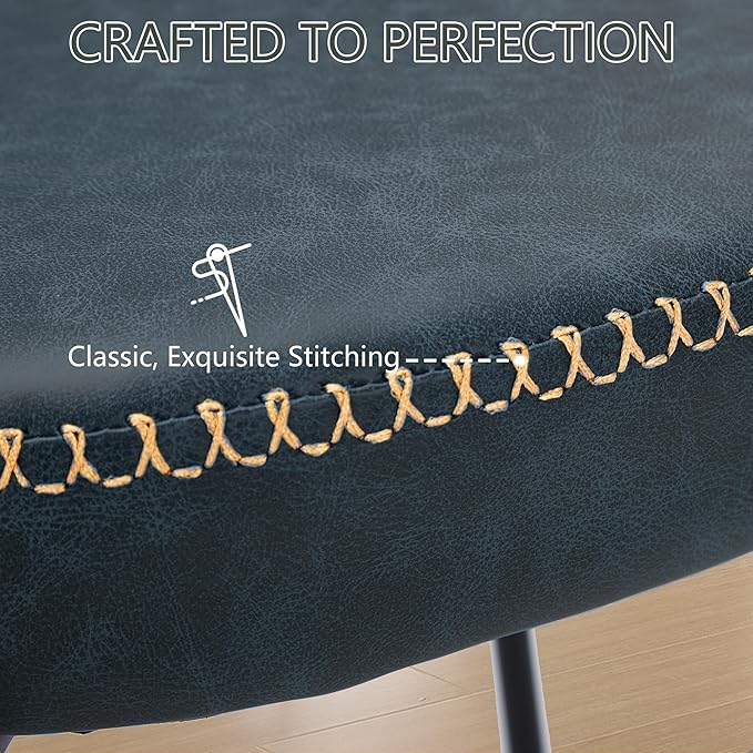 Rattan Dining Chairs Set of 2, Blue Leather Upholstered Dining Chairs with Rattan Cane Back, Mid Century Modern Dining Room Chairs with Black Metal Legs & D-Shaped Thicken Cushion, Blue