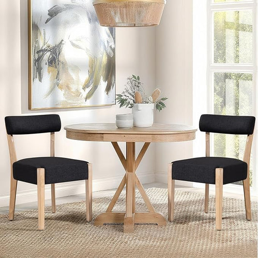 Dining Chairs,Set of 2 Mid-Century Modern Wooden Kitchen Chairs with Linen Upholstery - Low-Back Woven Design for Kitchen & Dining Room,Black Fabric