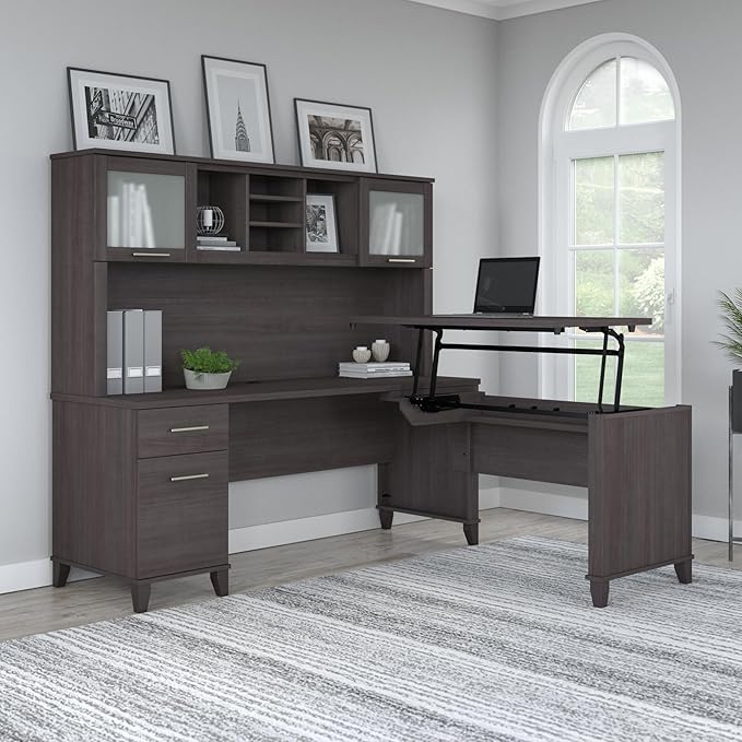 Bush Furniture Somerset 72W 3 Position Sit to Stand L Shaped Desk with Hutch in Storm Gray | Adjustable Height Table for Home Office