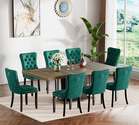 Goujxcy 78.7" Farmhouse Extendable Dining Room Table Set for 8, 9-Piece Rectangle Kitchen Dining Room Table Set with Wood Base and 8 Green Velvet Dining Chairs, Extending Kitchen & Dining Table Set