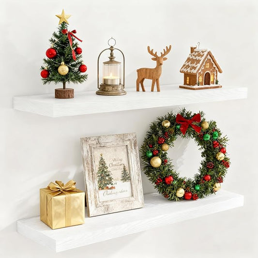 Fun Memories Floating Shelves for Wall, 36 x 9.3 Large Floating Shelf Wall Mounted Set of 2, Rustic Wood Shelves for Bathroom, Kitchen, Living, Heavy-Duty Storage Deep Shelf for Books, Decor, White