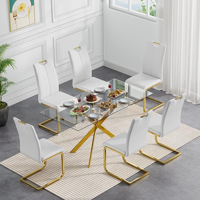 Modern Glass Dining Table Set for 6, Gold Glass Kitchen Table and Chairs Set of 6, 7 Piece Dining Room Table Set with 61" Rectangular Metal Glass Dinner Table and 6 White Leather Dining Chairs