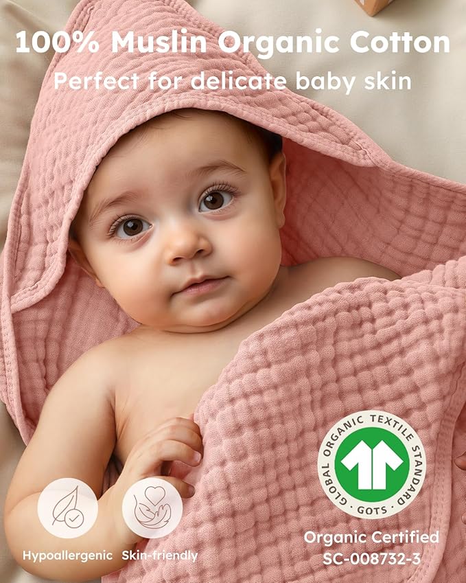 Yoofoss Hooded Baby Towels for Newborn 2 Pack 100% Muslin Organic Cotton Baby Bath Towel with Hood for Babies, Infant, Toddler and Kids, Large 32x32Inch, Soft and Absorbent Newborn Essential
