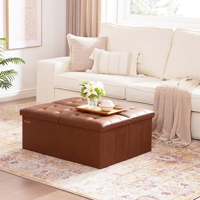 HAUSFRAU 31.5 Inches Ottoman with Storage, Folding Ottoman Bench Small Foot Rest Stool, Bedroom Bench with Flipping Lid, Faux Leather Retro Brown