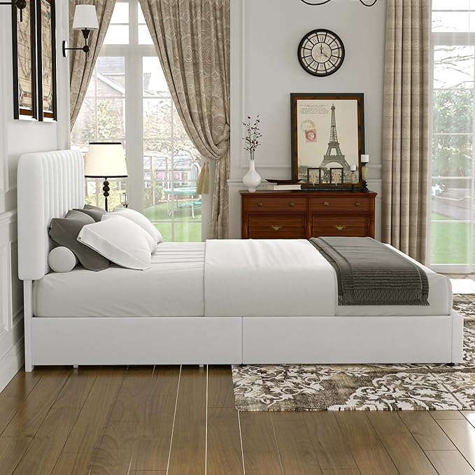 VECELO King Size Upholstered Bed Frame with 4 Drawers and Headboard, Velvet Platform Storage Bedframe, Wooden Slats Support, No Box Spring Needed,Snow-White