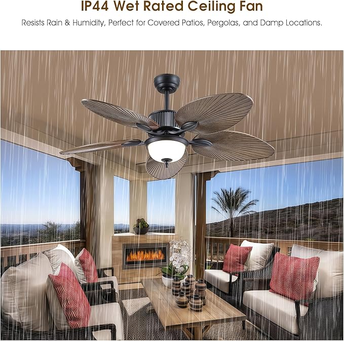 50 Inch Tropical Ceiling Fans with Lights and Remote/APP Control, Outdoor Waterproof Palm Leaf Ceiling Fan for Patios Porches, Wet Rated, Glass Lampshade, 6 Speeds, Quiet, Dark Brown