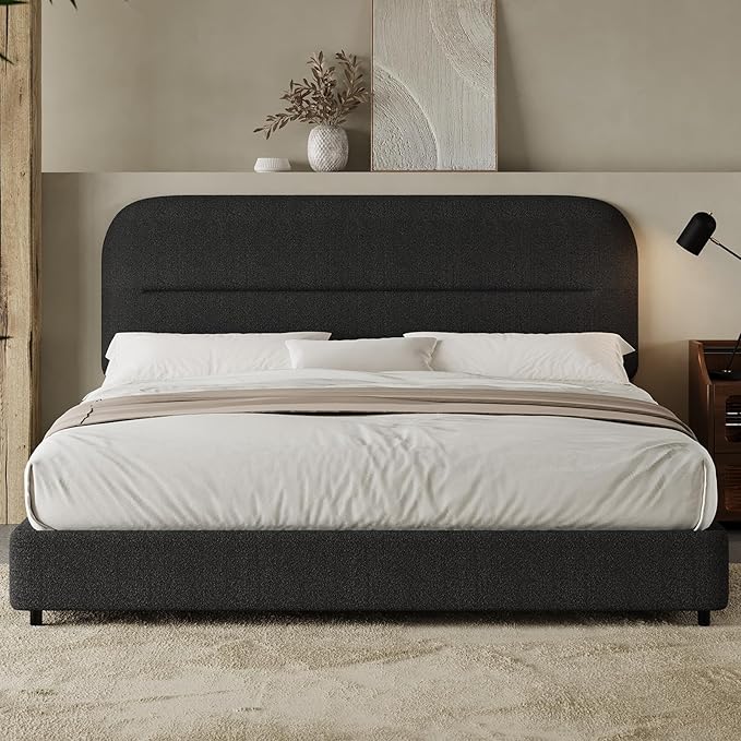 HOMBCK Full Size Boucle Bed Frame, Upholstered Bed Frame Full with Headboard, Soft BedFrame with Thickened Footboard, Soft Rounded Corners, No Box Spring Required, Easy Assembly, Black