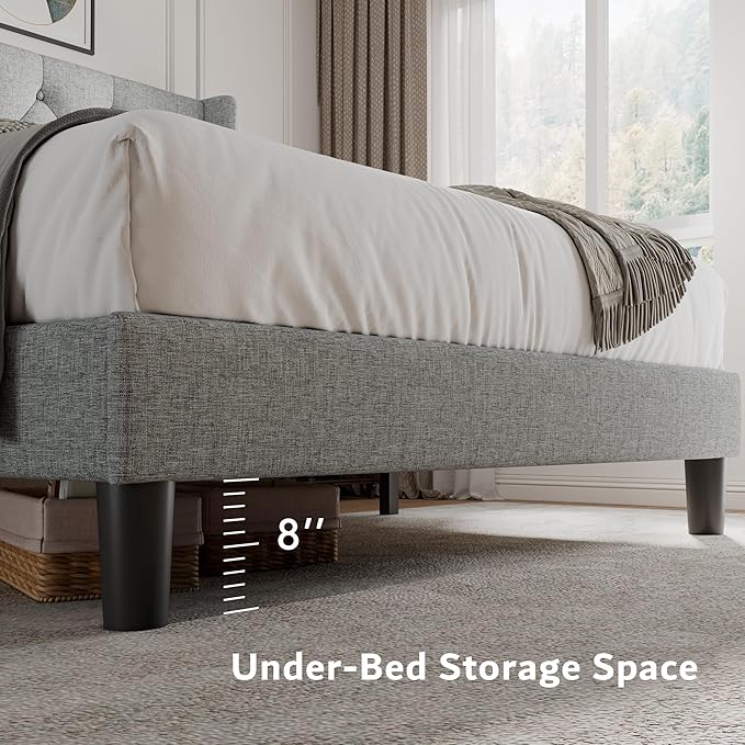 iPormis Queen Size Platform Bed Frame with Button Tufted Headboard, Upholstered Bed Frame with Solid Wooden Slats, 8" Underbed Space, No Box Spring Needed, Noise Free, Easy Assembly, Light Gray