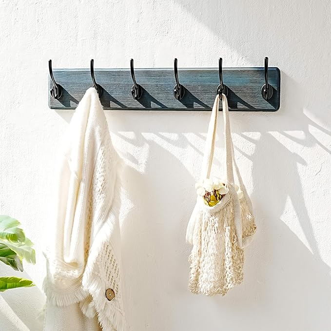 Dseap Coat Rack Wall: 24" Long, Patented, Heavy-Duty, 6-Double-Hooks Wooden Wall Mounted Coat Rack Coat Hanger Hook Rail for Winter Coats Hat Jacket Clothing, Weathered Blue, Pack of 2