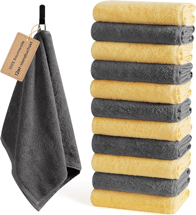 SEMAXE 12 Pack Hand Towels for Bathroom, 100% Cotton Towels with Hanging Loops, Soft and Highly Absorbent,Hand Towel Set for Gym, Shower, Hotel, Spa and Kitchen, Grey+Yellow