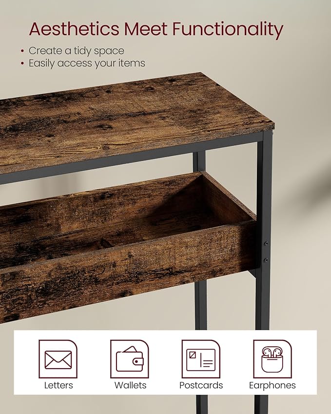 VASAGLE 2-Tier Entryway Table, Narrow Console Table, Semi-Open Compartments, 9.4 x 39.4 x 31.5 Inches, for Hallway, Living Room, Rustic Brown and Ink Black ULNT091K01
