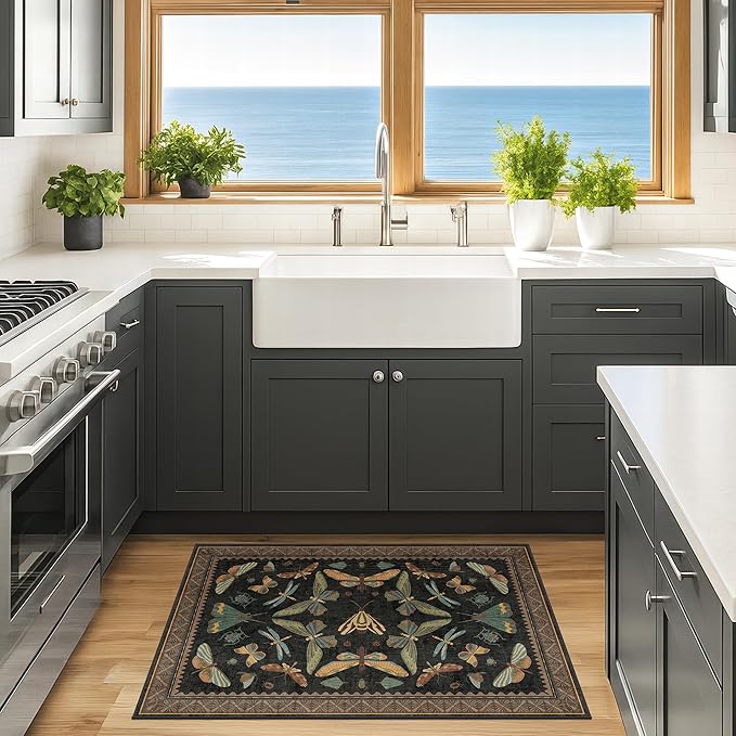 Small Black Entryway Runner Rug - 2x4 Front Door Rug Indoor Entrance, Small Waterproof Carpet for Kitchen Floor, Bathroom, Powder Room, Washable Low Pile Non Slip, Insect Print Multi Color Home Décor