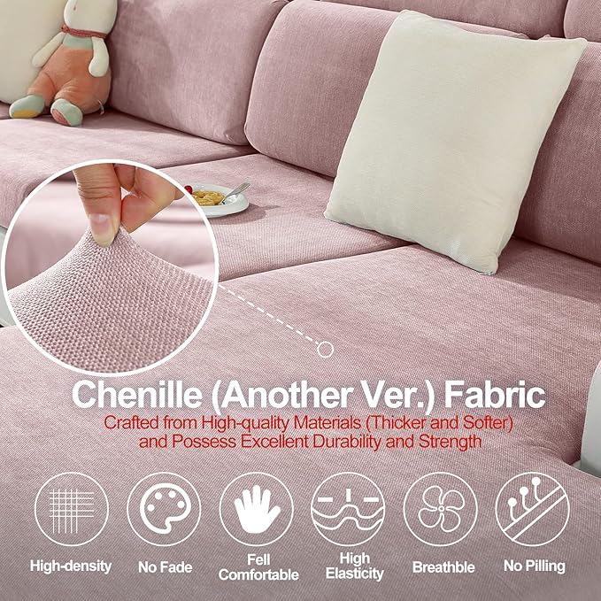 Couch Cushion Covers Individual Large Super Stretch Chenille (Softer Version) Sofa Cushion Covers, Couch Seat Covers Couch Slipcovers Furniture Protector (3PC, Pale Pink)