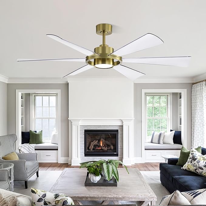 ELEHINSER 60" Ceiling Fan with Lights - 6 ABS Plastic Blades, 3 Downrods, 6-Speed Reversible DC Motor, 3CCT, Windmill Ceiling Fan for Kitchen Bedroom Living Room, Brass and Transparent