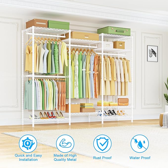 Ulif E13 Heavy Duty Clothes Rack（With 4 Hanger Rods & 8 Shelves） Freestanding Clothing Racks for Hanging Clothes，Adjustable Closet Organizer，Metal Garment Rack 63" W x16 D x77 H，Max Load 900LBS，White