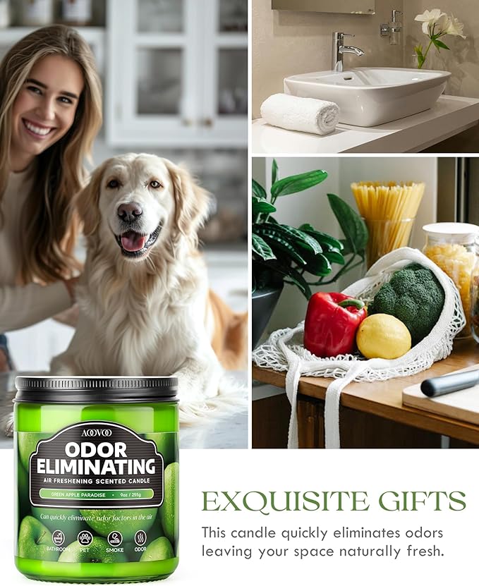 AOOVOO Green Apple Odor Eliminating Highly Fragranced Candle - Eliminates 95% of Pet, Smoke, Food, and Other Smells Quickly, Air Freshing Soy Candle, 9 oz Up to 50 Hours Burn time