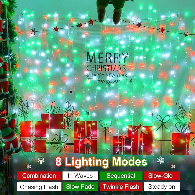 QITONG Red White Green Christmas Light Outdoor Waterproof, 165ft 500 LED String Lights with 8 Modes, Clear Wire Christmas Tree Light Indoor Plug-in