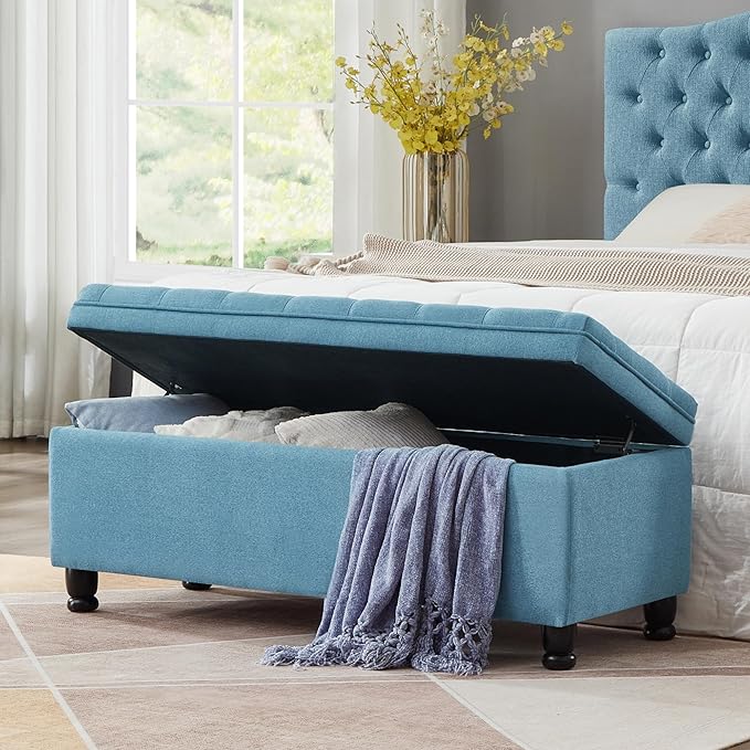 mikibama Bed End Storage Ottoman Bench,Linen Upholstered Storage Benches for Bedroom,Tufted 45" Long Ottoman Bench with Storage for Living Room Entryway Window (Light Blue 45")